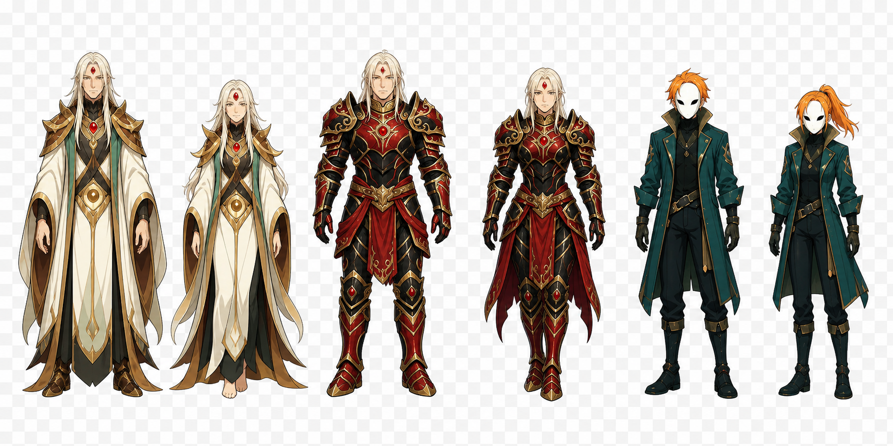 Quantumforge character sprite roster: male and female Sage, Warden, and Watcher