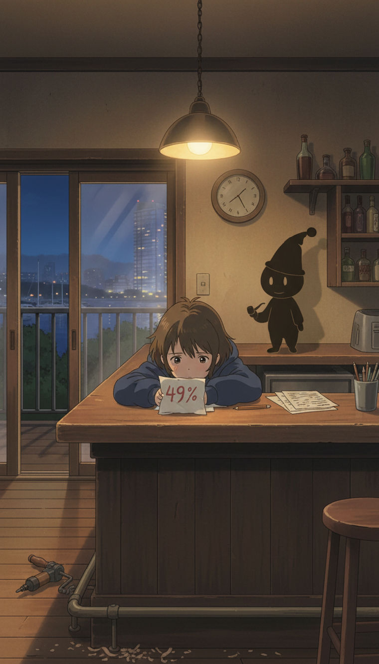 The Shadow Friend — a girl at a kitchen island, a pipe-smoking Clownee's shadow on the wall, a harbor night beyond the window